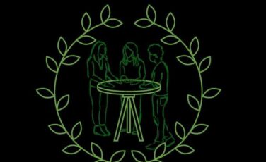 A minimalist, neon-green line drawing on a black background shows three people standing around a round table, encircled by a wreath of leaves.